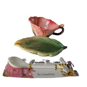 Corner Ruby Garden Collection Coral Flower Teacup Leaf Saucer Set New